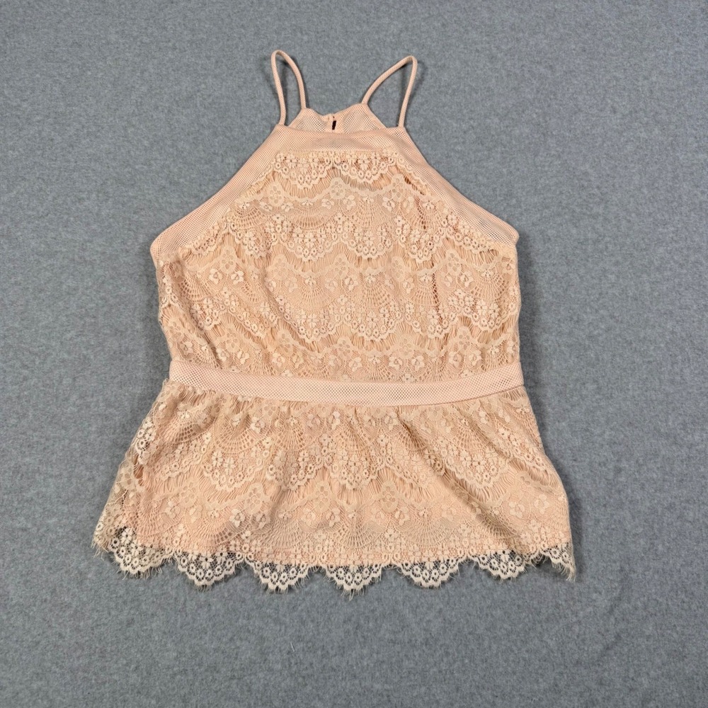 Forever 21 Contemporary Peach Lace Halter Coquette Top Mesh Trim Keyhole Back M